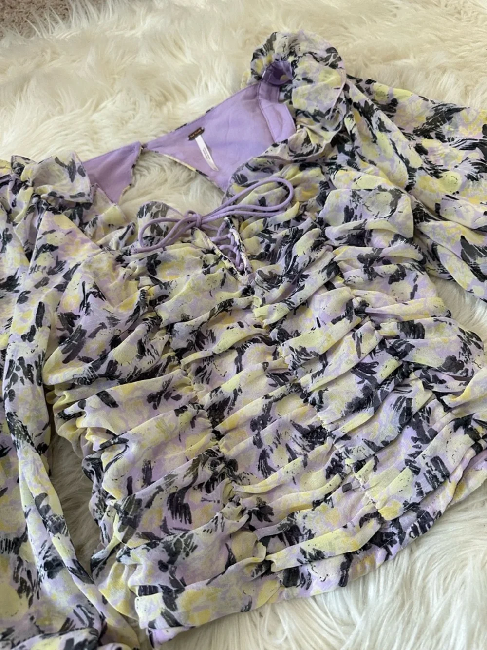 Free People Lavender & Yellow Floral Ruched Puff-Sleeve Top- read flaw